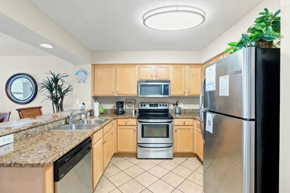 An updated kitchen makes preparing meals a breeze.