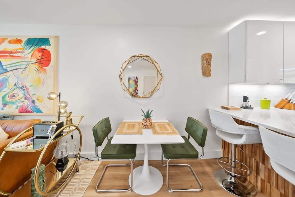 Dining table features seating for 2.