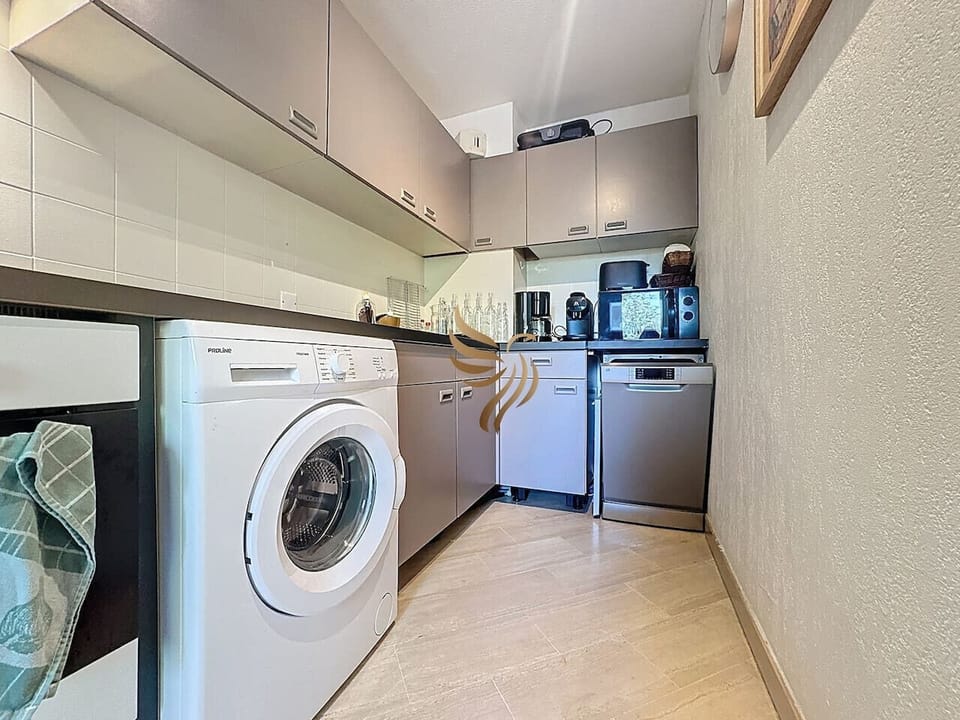 Cuisine équipée moderne avec lave-linge, lave-vaisselle, micro-ondes et nombreux rangements.
