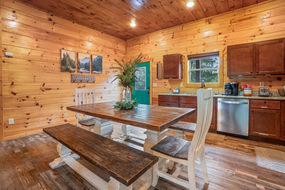 Dining space designed for family and group gatherings, seats 8 comfortably.