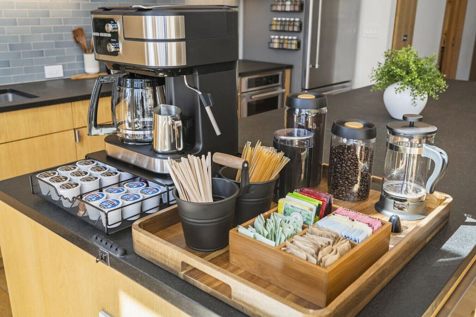 Gourmet beverage bar. Enjoy Peet`s ground coffee, beans, k-cups, espresso, hot-chocolate, honey sticks, fresh cream, and a variety of sweeteners.
