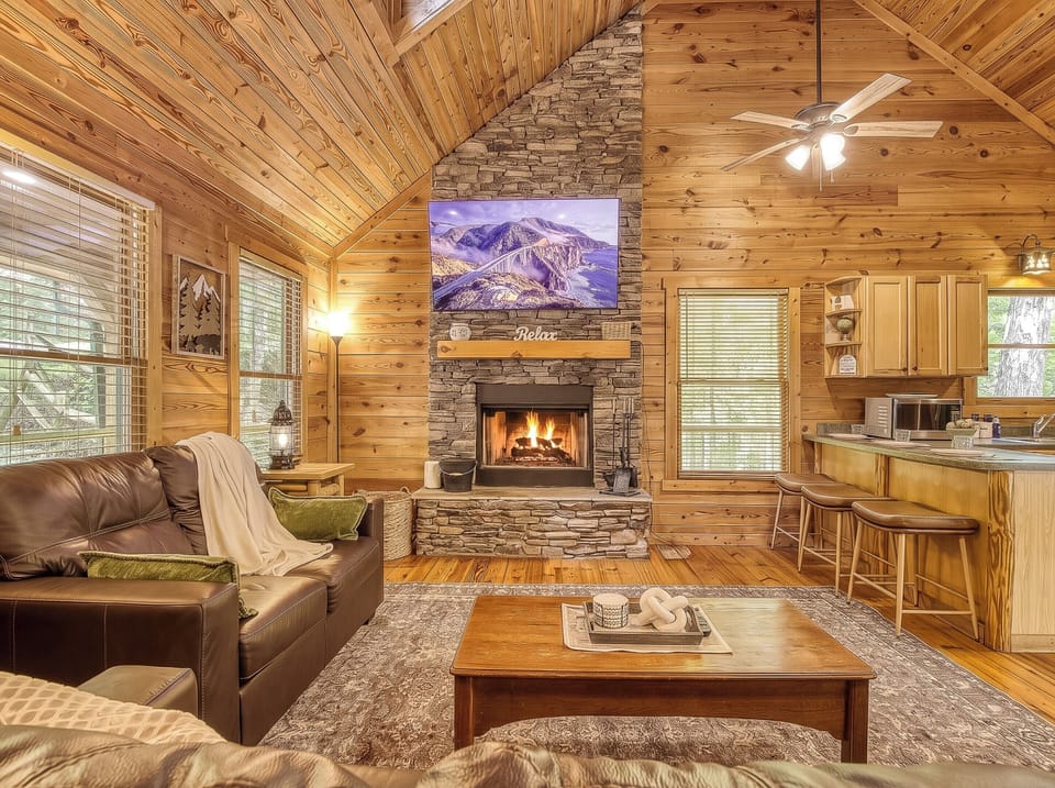 POV - A roaring wood-burning fire at your mountain getaway!!