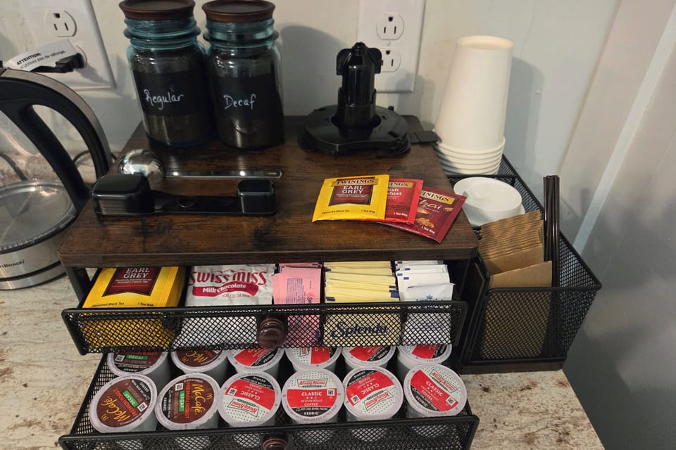 grounds & pods, regular & decaf, tea, sweetners