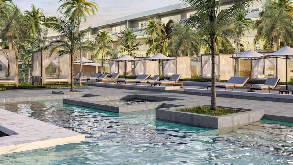 Unwind on sleek loungers while palms sway overhead softly.