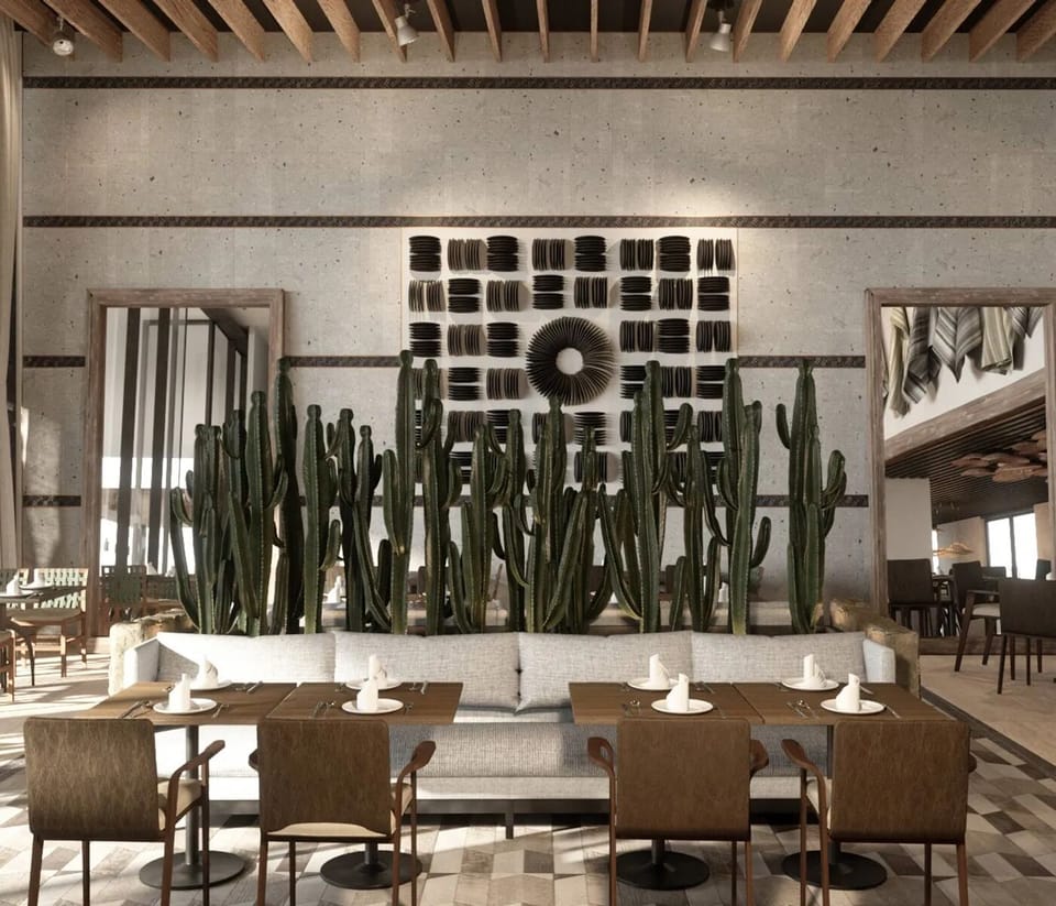 Dine together in a stylish lounge framed by natural textures.