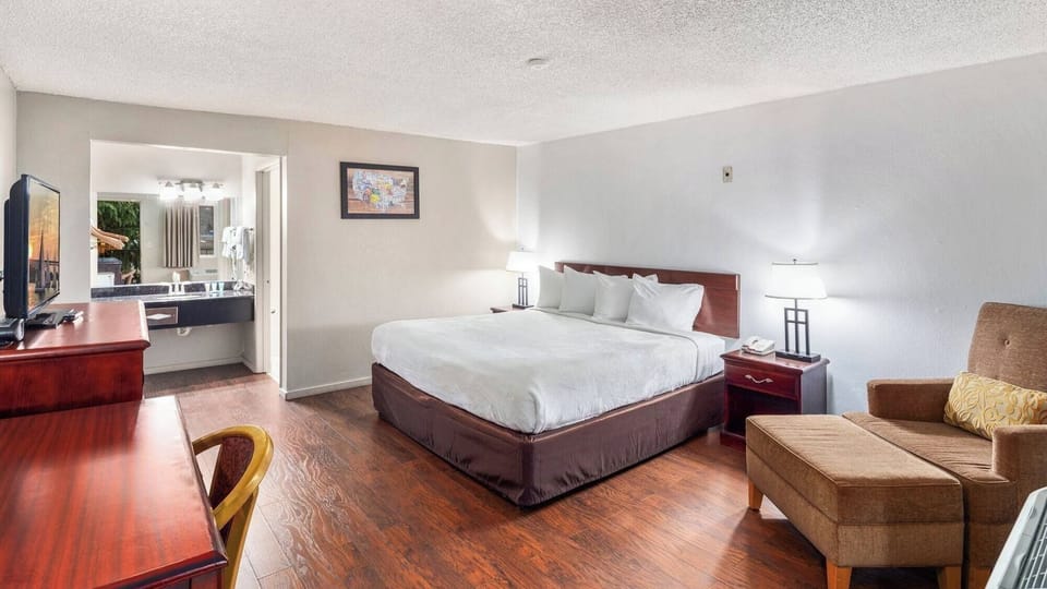 Unwind in a bright room with plush bed and lounge chair