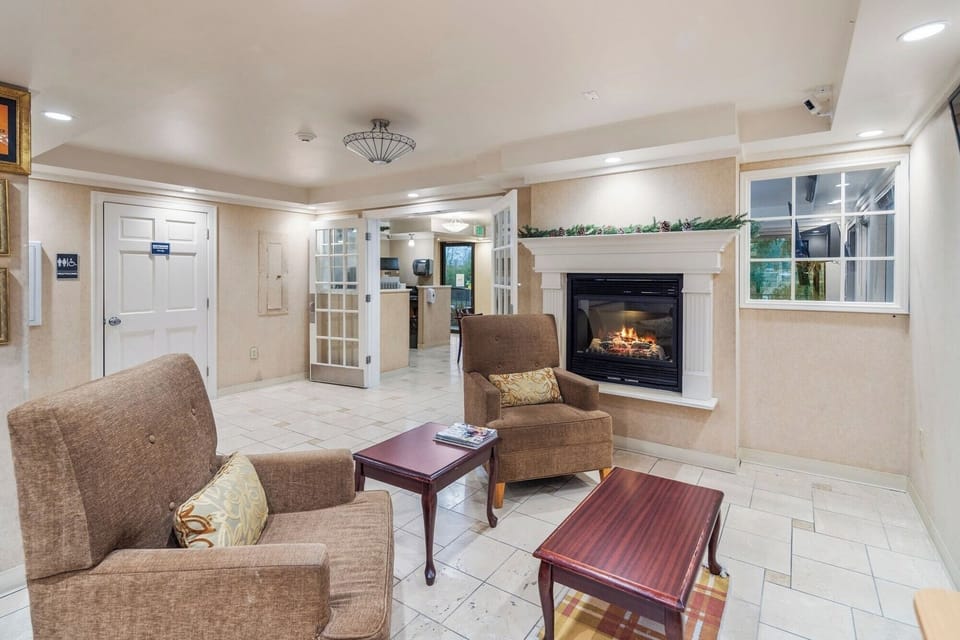Sink into plush chairs and savor a fireside chat.