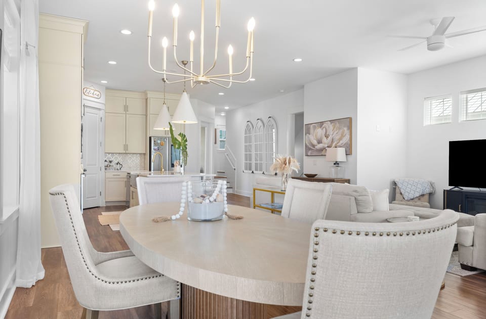 Open concept dining and kitchen with luxury touches.
