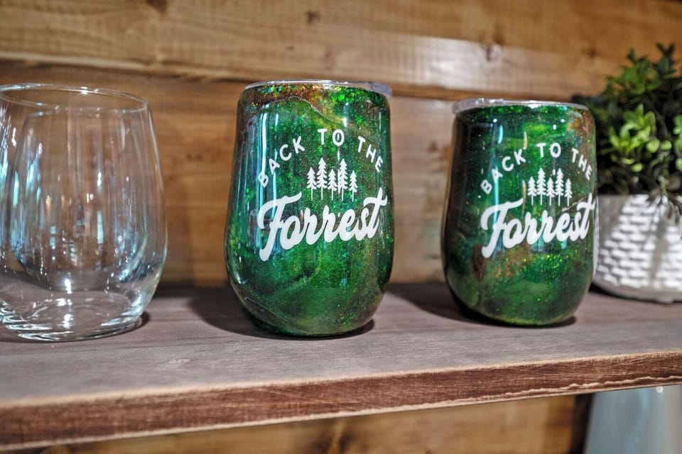 Coffee and conversation come together in this warm, inviting corner of the cabin.