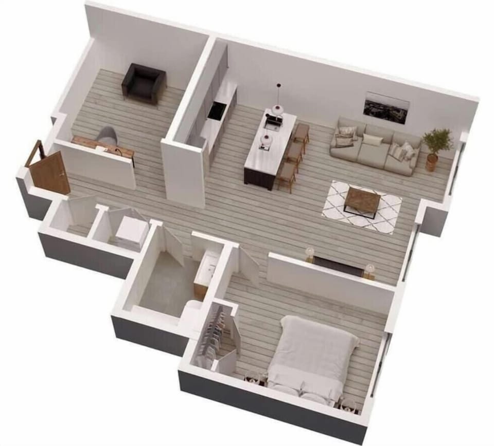 The apartment features 2 private bedrooms, a spacious living room, and a stylish kitchen with dining area.