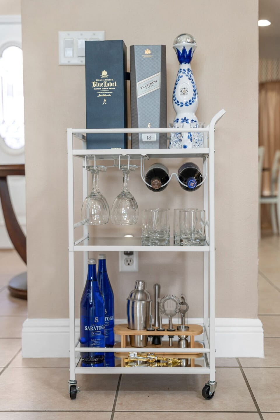 Bar Cart | Whiskey, Tequila & Wine Selection | Glassware & Cocktail Mixing Essentials