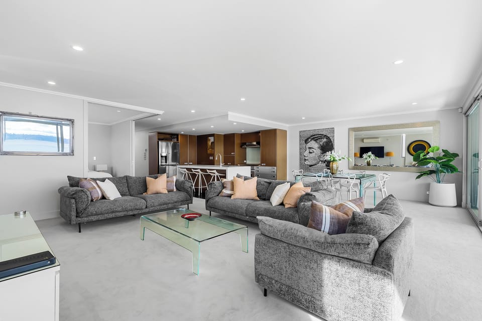 Open plan Lounge, Dining and Kitchen areas with New Zealand artists & Lake Views