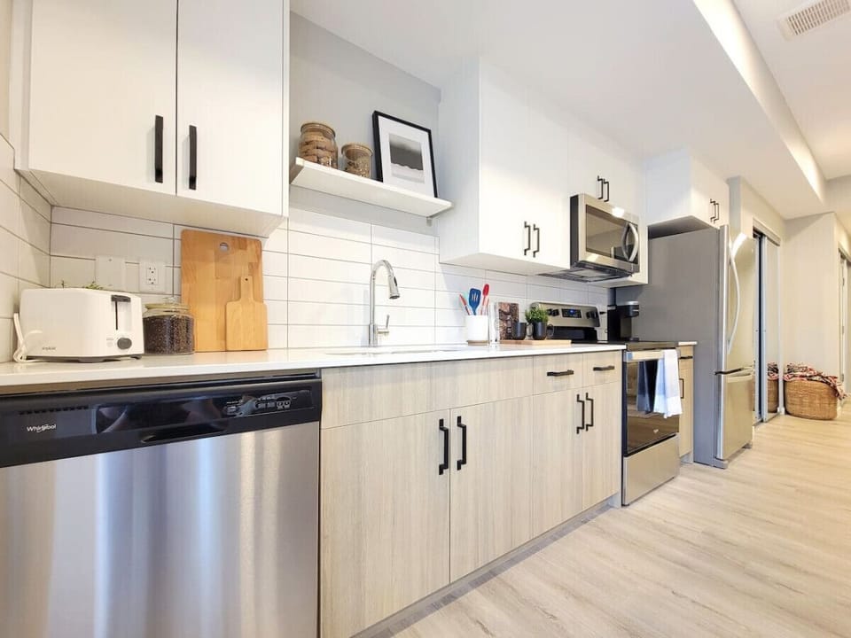 Dishwasher, stove, microwave and large fridge.