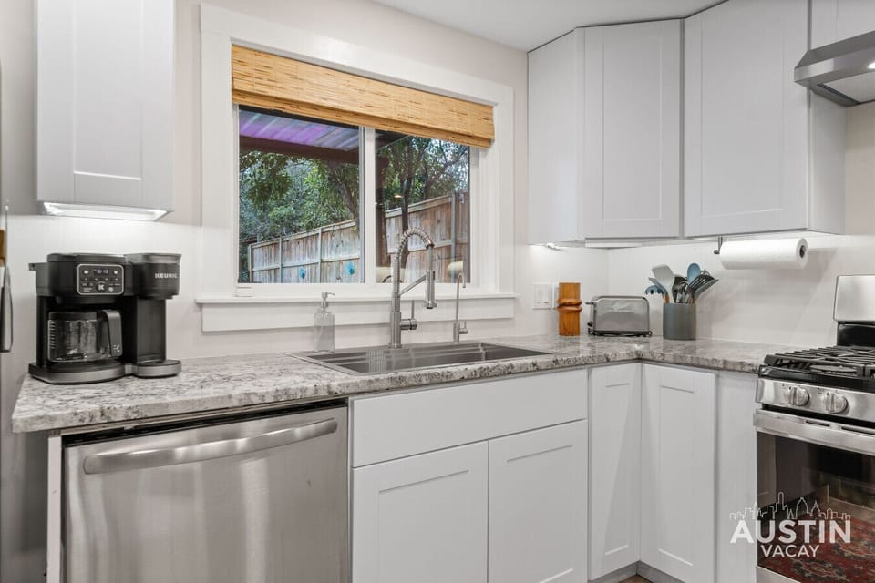 Start your day right with the dual Keurig and drip coffee maker, or wind down with a sunset view.