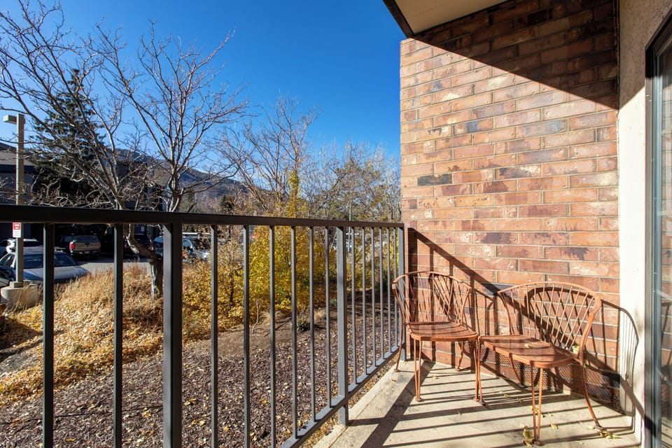 The private deck with seating for two guests.