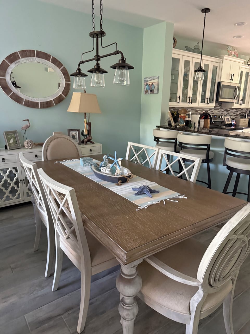 Dining room seats 6.  Can expand with 2 leaves.