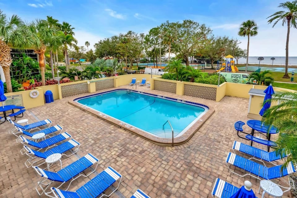 Poolside paradise with a playground bonus. Fun for the whole crew!