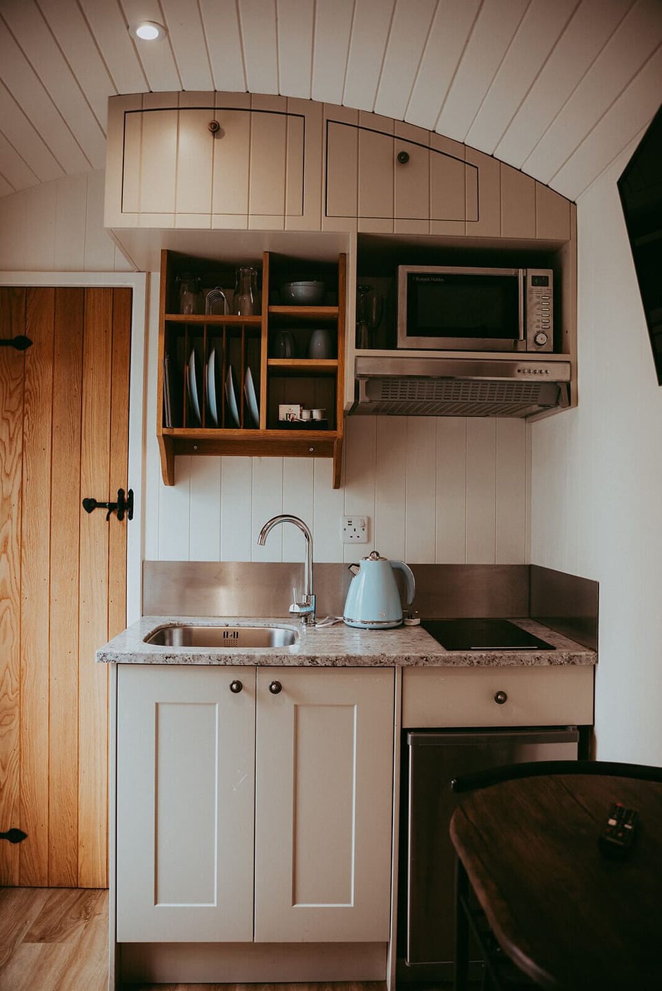 Shepherds hut kitchen set up 