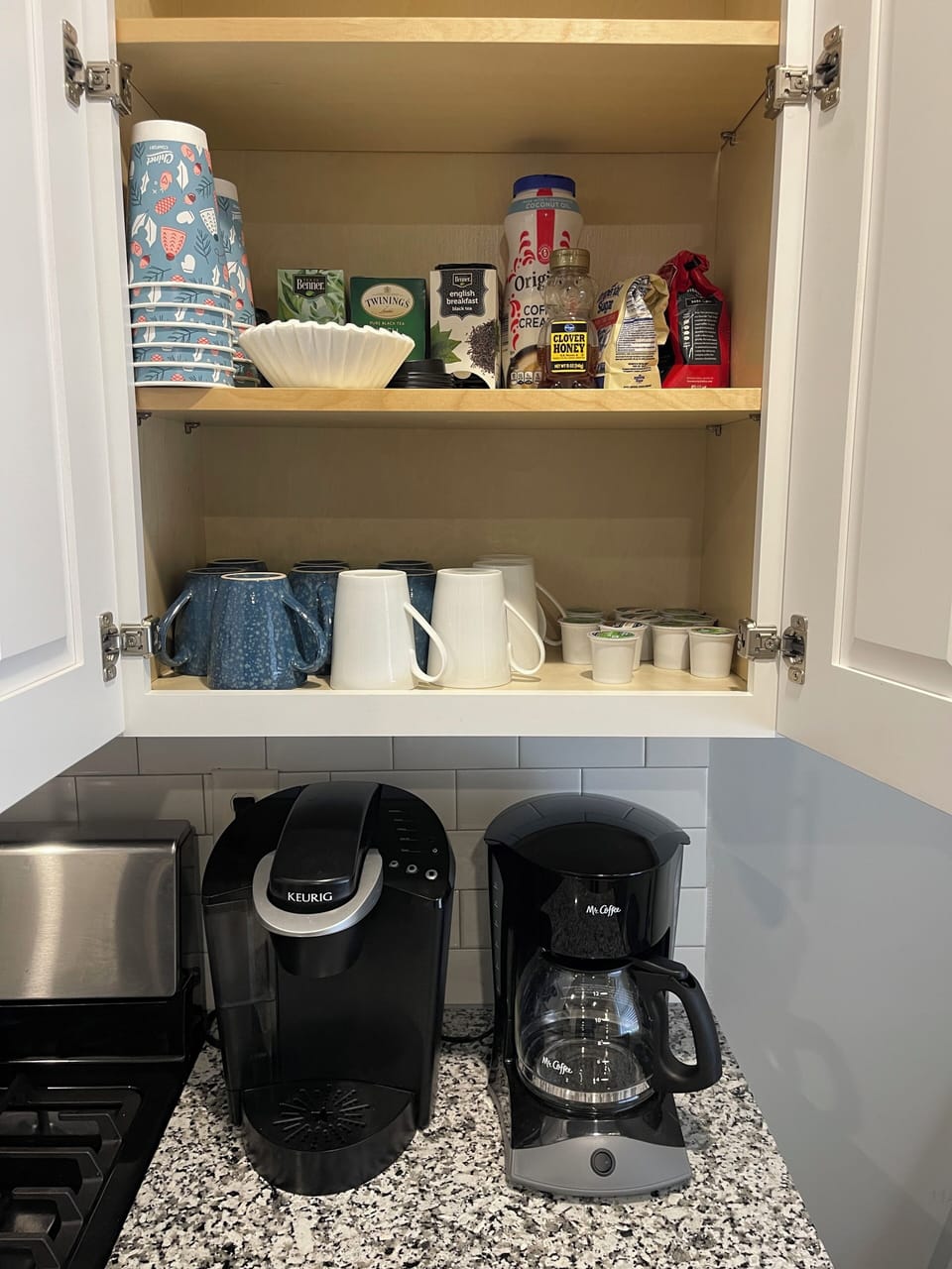 Fully stocked coffee bar.