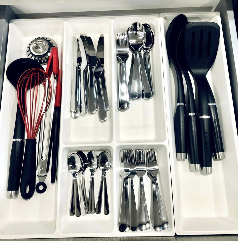 Fully appointed kitchen including, All the utensils, Plates mugs, wine and drinking glasses you'll need. Refrigerator, Induction stove/oven, toaster oven, microwave, and dishwasher. Also available coffee maker, toaster, blender...etc