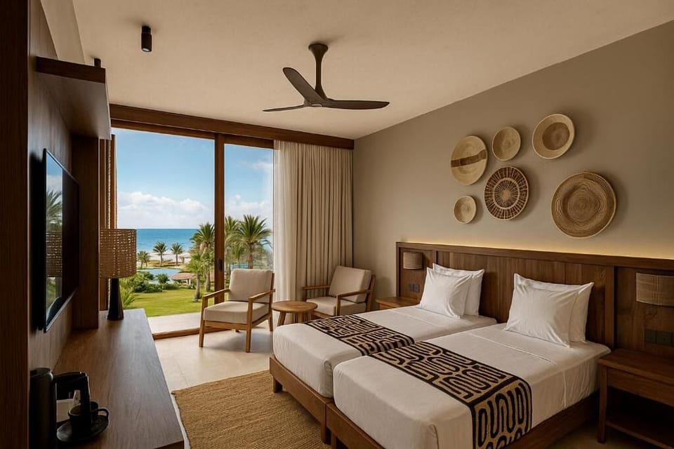 Settle into twin comfort with dreamy sea views beyond.