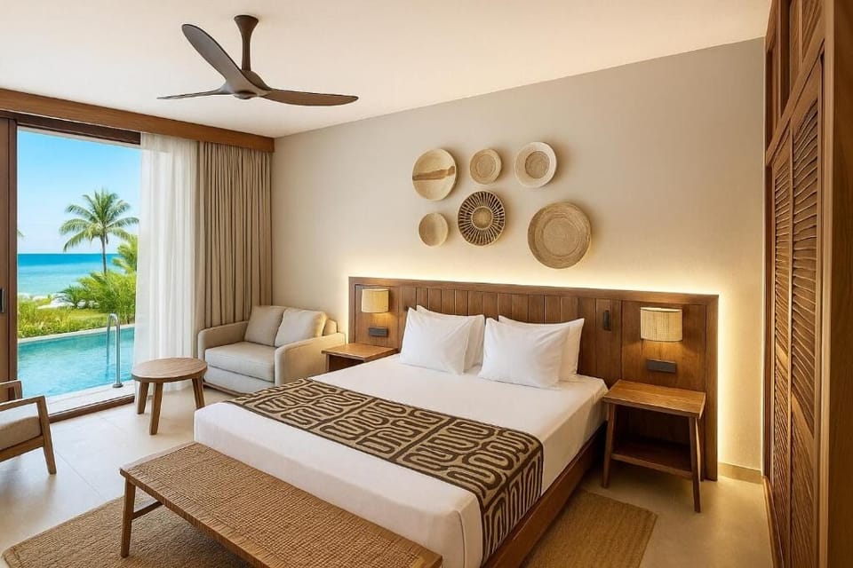 Unwind in a bright king room with poolside views.
