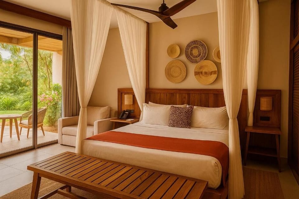 Sink into a dreamy canopy bed beside lush garden views.