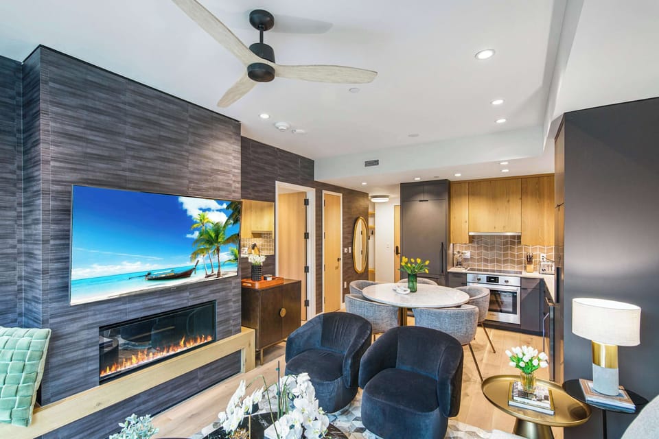 Living room and dining, kitchen areas