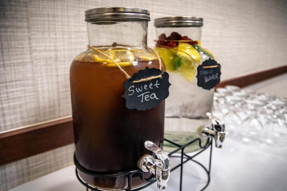 Refresh yourself with infused water and sweet tea on demand.