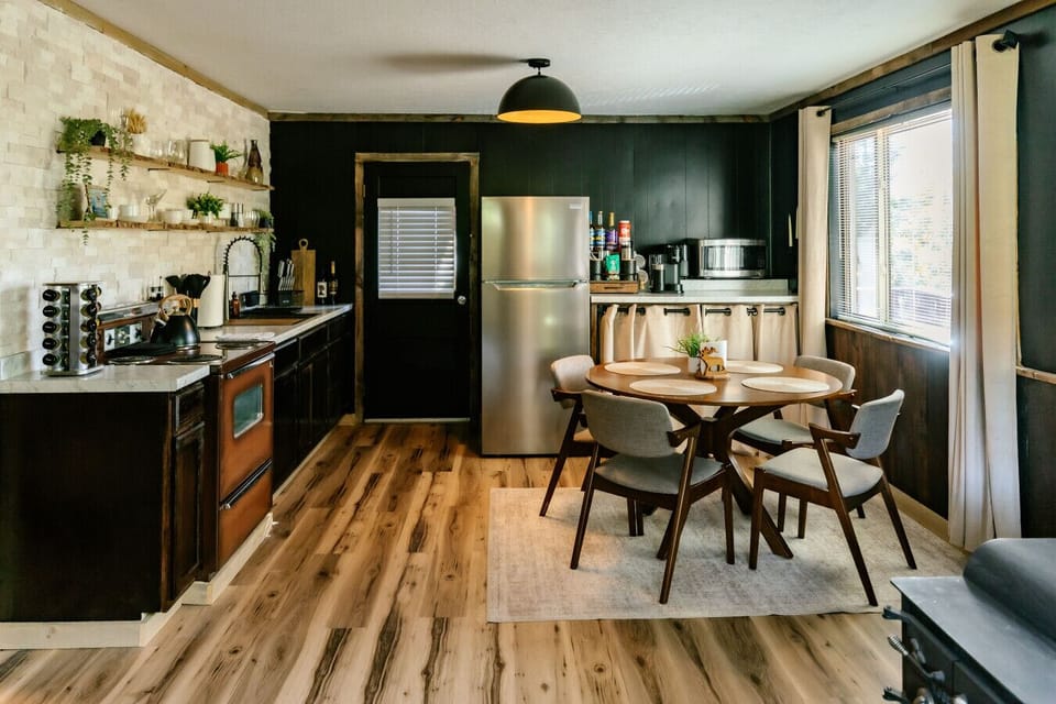 Inside is a totally redesigned modern rustic cabin
