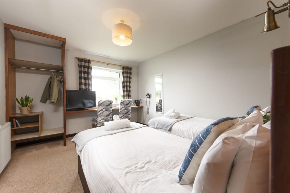 Room with TV, clothes storage and work space