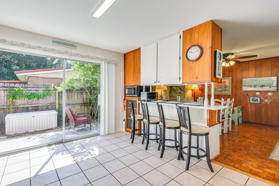 Kitchen | Well Stocked | Breakfast Bar | Toaster Oven | Patio Access