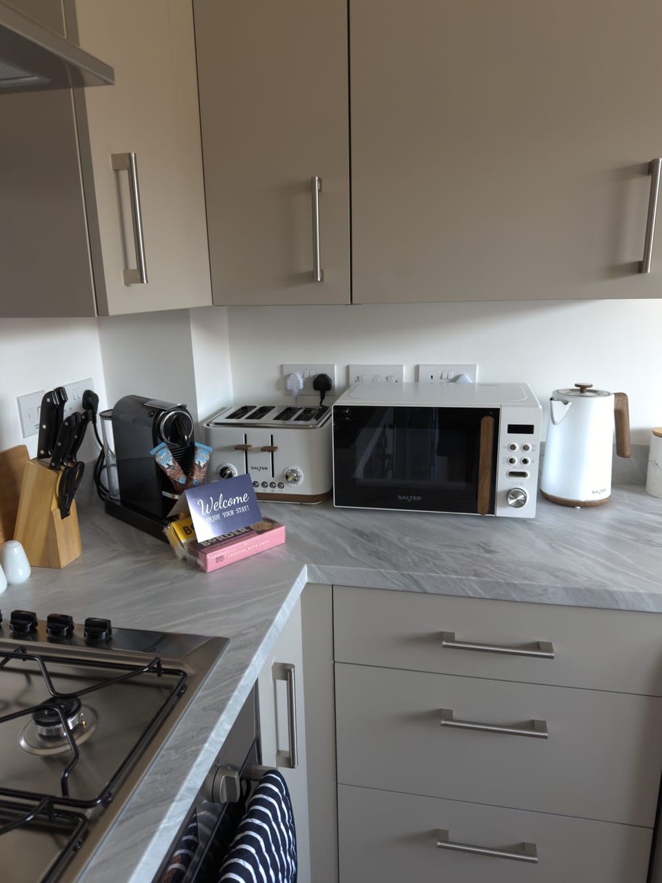 Kettle, toaster, microwave and coffee machine