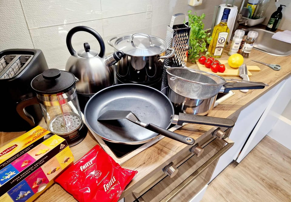 Coffee, tea, salt, pepper, etc. included.