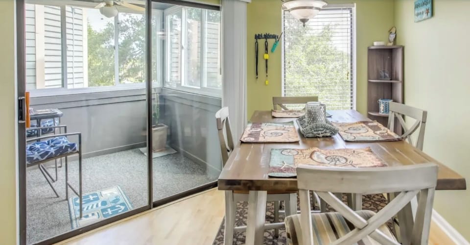 Enjoy a meal inside or step out to the balcony for coffee.
