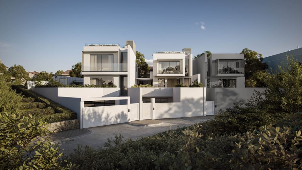 Elegant facade of Villa Athos in Golfo Aranci, modern Mediterranean architecture bathed in natural 