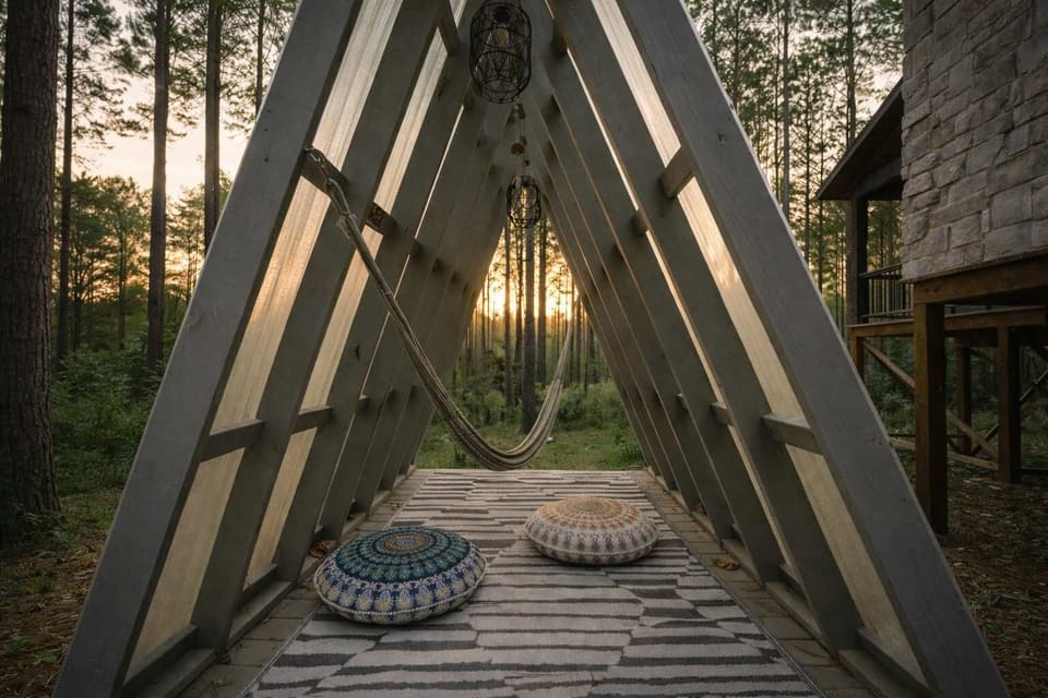 A-Frame Escape! This multi-purpose backyard space, just off the deck, is perfect for relaxing in the hammock, morning yoga, or kid’s playtime — a cozy retreat for all ages.