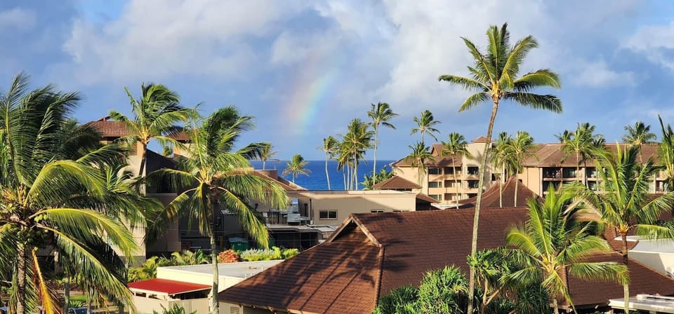 Ocean peek, swaying palms, and a rainbow—Poipu magic just steps from the beach.