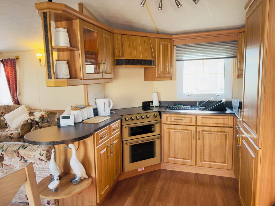 Fully equipped kitchen with oven, hob, and modern appliances.
