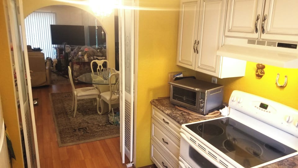 Kitchen looking out at dining room.