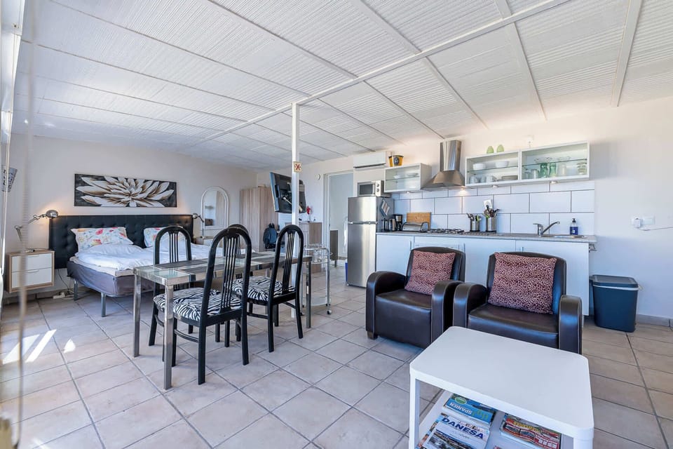 A combined living space features a bed, dining area, and kitchenette, creating a functional and open environment.