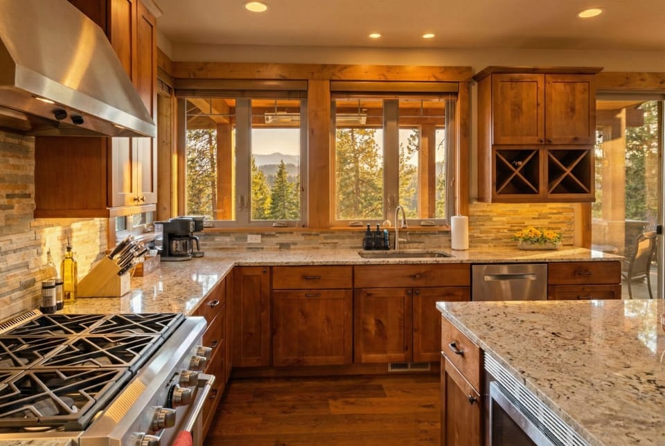 Fully equipped kitchen surrounded by windows. Tons of natural light and views.