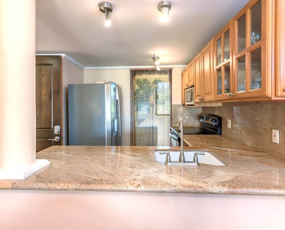 Spacious kitchen with granite counters, stainless fridge, and full amenities.