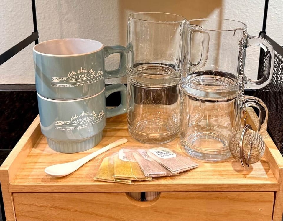 Tea, creamer, K-cups. Keurig, pour over coffee maker, coffee grinder