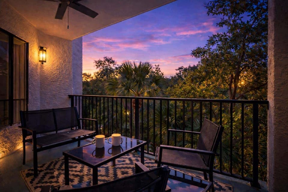 Modern porch with stunning sunset views, perfect for relaxing evenings.