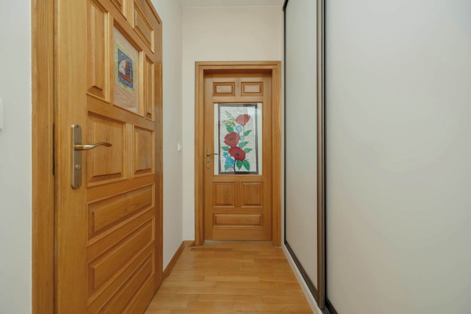 Hallway with large built-in wardrobe and doors to other rooms.