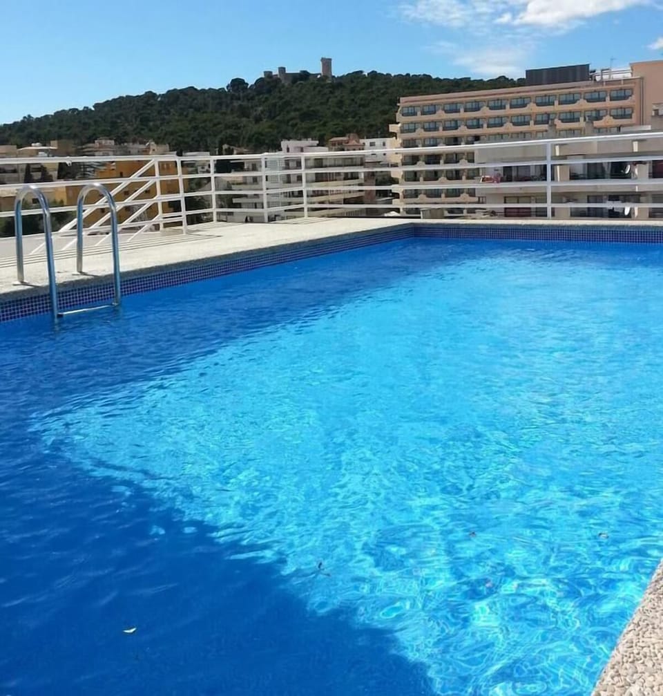 Swim laps in sparkling blue water with a scenic backdrop.