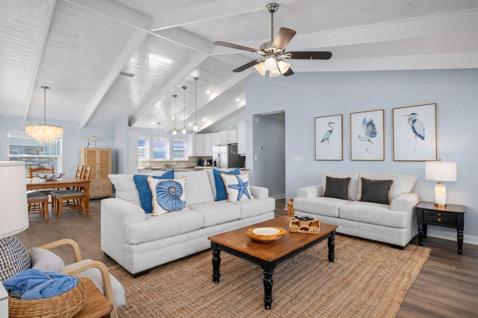 Comfortable living room designed for group stays, perfect for family beach vacations in Bolivar Peninsula.