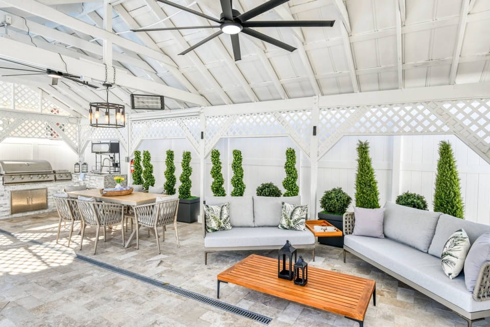 Prepare your favorite meals, relax with family and friends, and watch your favorite movies on the projector screen under the shade of the cabana.