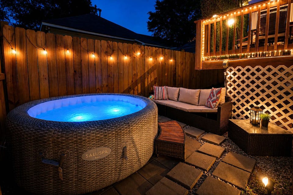 Hot tub lighting shown in photos is for photography purposes only and is not available for guest use.
Please note: the outdoor accent and string lights are solar powered and may appear dimmer or may not automatically turn on after extended cloudy or 